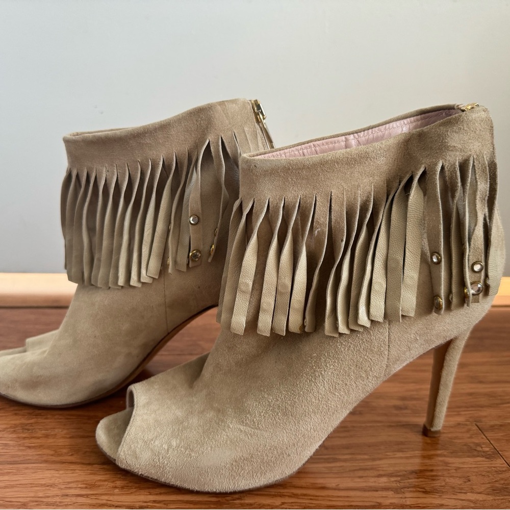 Kate Spade ISELIN Beige Suede Crystal Studded Fringe Peep Toe Booties